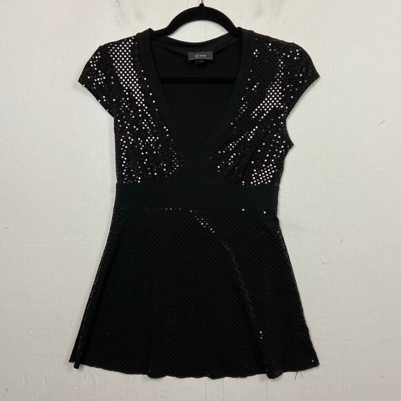 B Wear VTG Black Sequin Baby Doll Whimsigoth Witchy Goth Cap Sleeve Top Medium - Picture 1 of 12